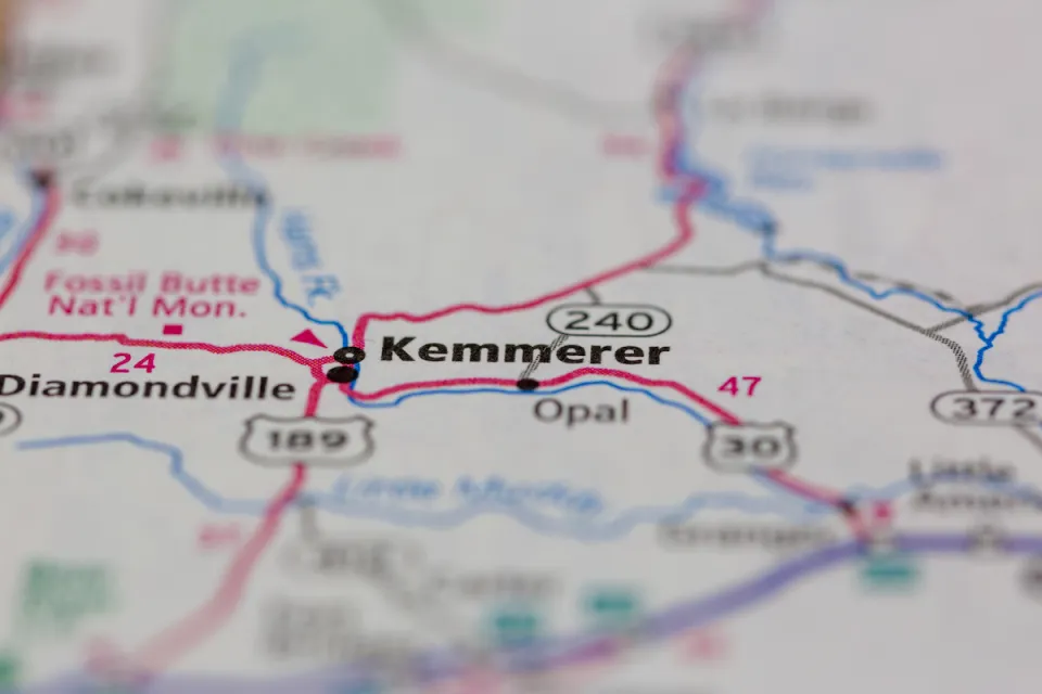 Close-up on map of Kemmerer, Wyoming.